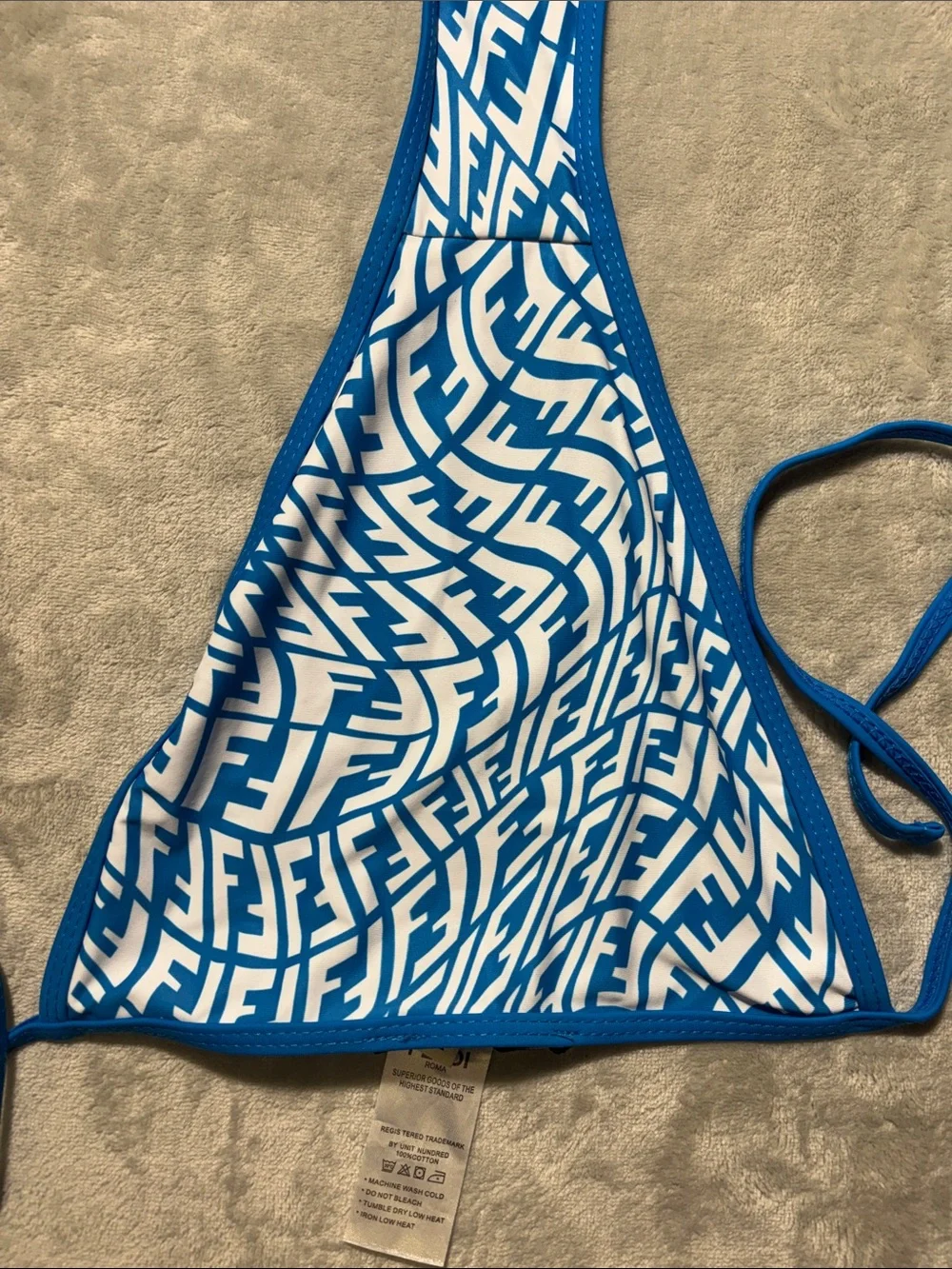 Fendi FF Vertigo Bikini Set Blue White Logo Monogram String Swimsuit Size L